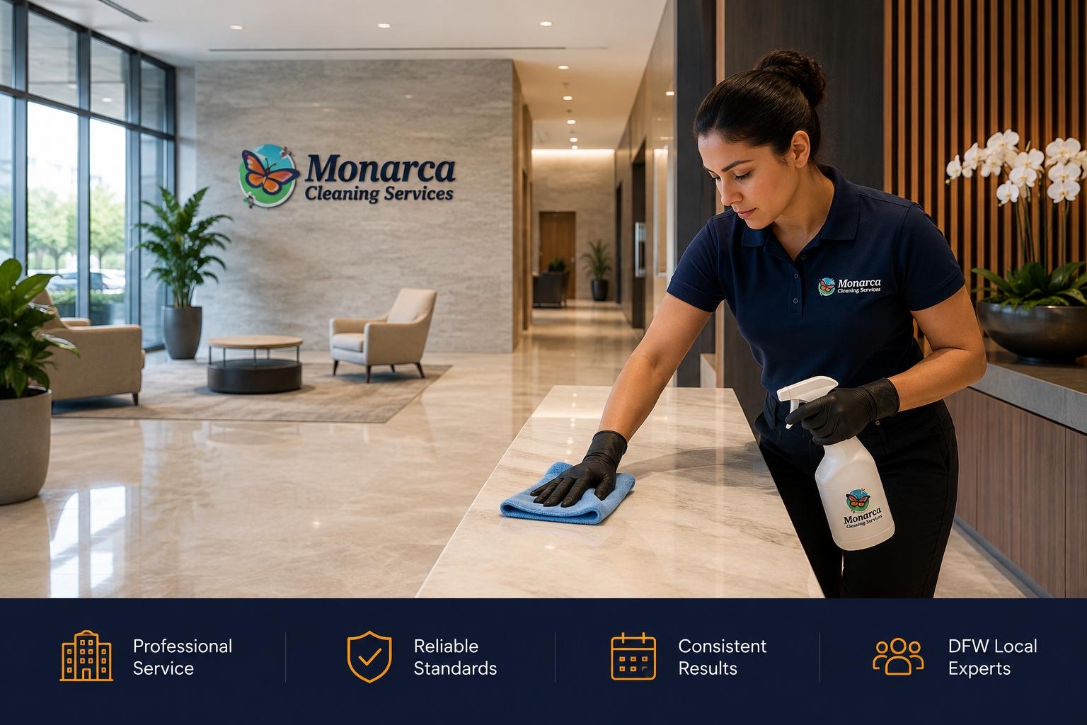Monarca Cleaning Services staff cleaning an office lobby in Dallas–Fort Worth
